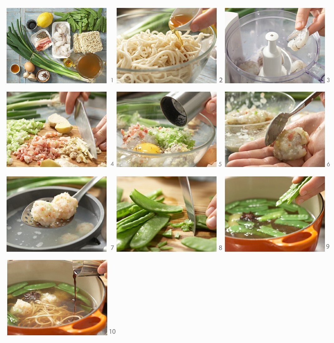 How to make shrimp ball soup with snow peas and mie noodles