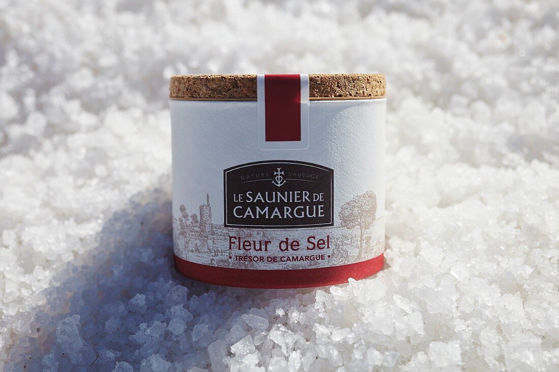A closed tub of salt from the Camargue region of France