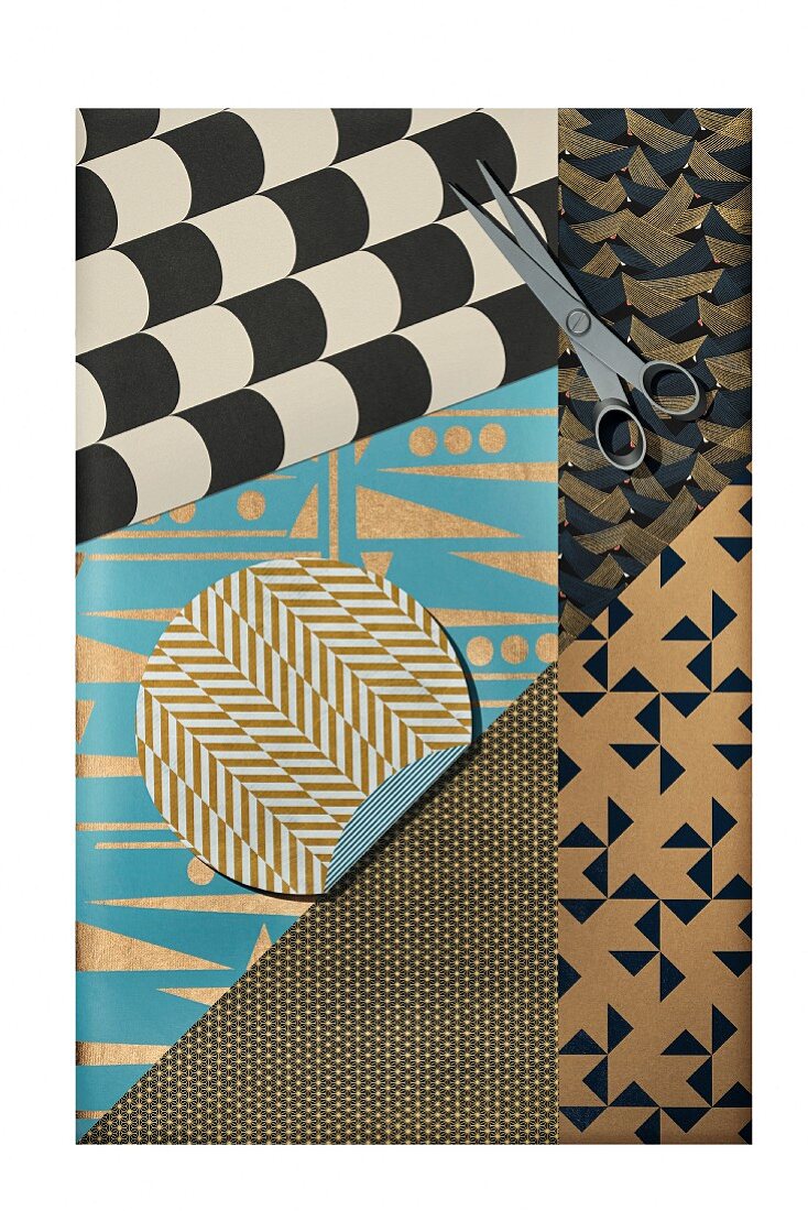 A collage of various wrapping papers with geometric design