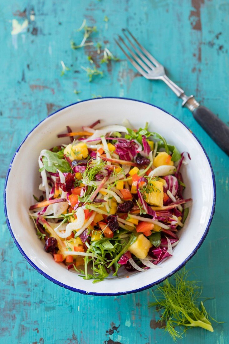 A vegetable salad with a mango and ginger dressing