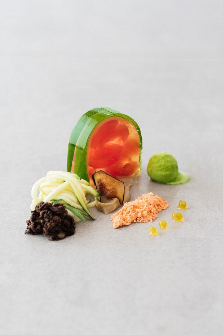 Terrine with tomatoes, zucchini, tomato crumble and basil sorbet (molecular cookery)