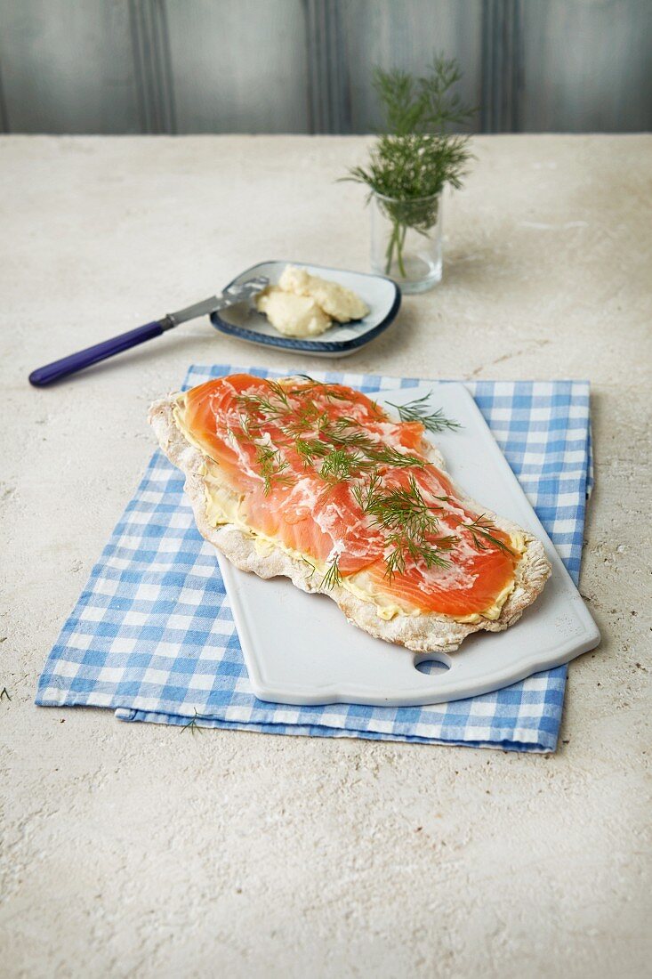 Focaccia with salmon, horseradish and dill