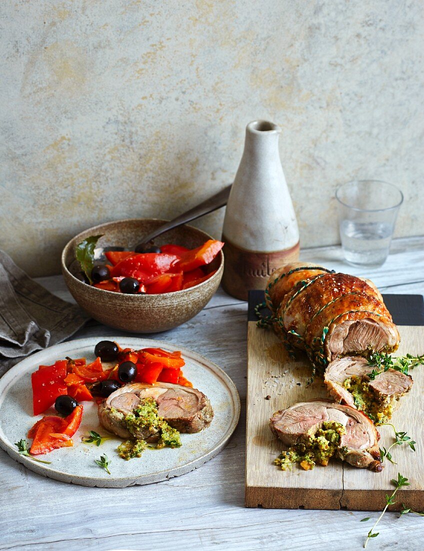 Braised roast turkey roll with peperonata