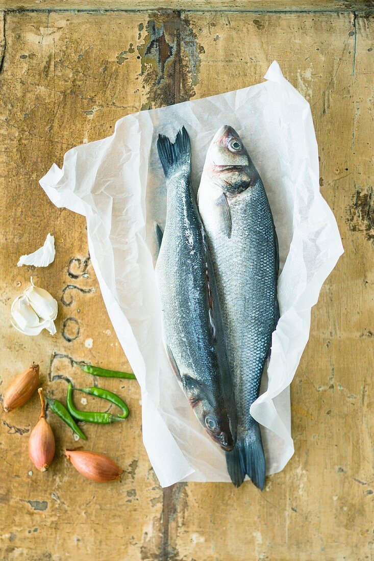 Fresh sea bass on parchment paper