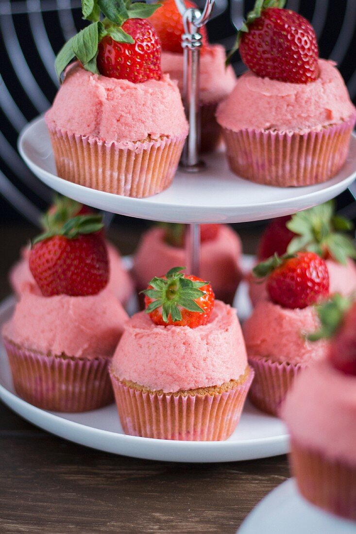 Strawberry cupcakes on an étagère