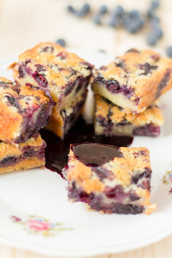 Blueberry cake slices with a chocolate sauce
