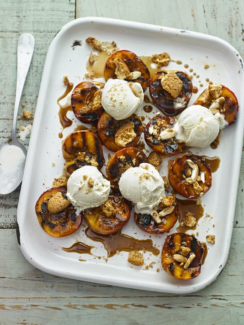 Grilled Peaches with Amaretto and Brown Sugar and Amaretti Biscuits and Whipped Cream
