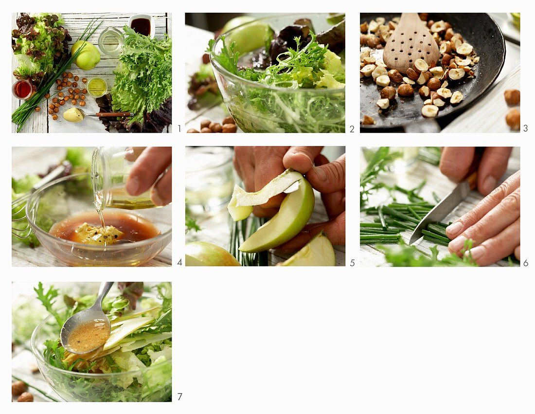 Bistro-Salat mit Apfel und Haselnuss-Vinaigrette zubereiten