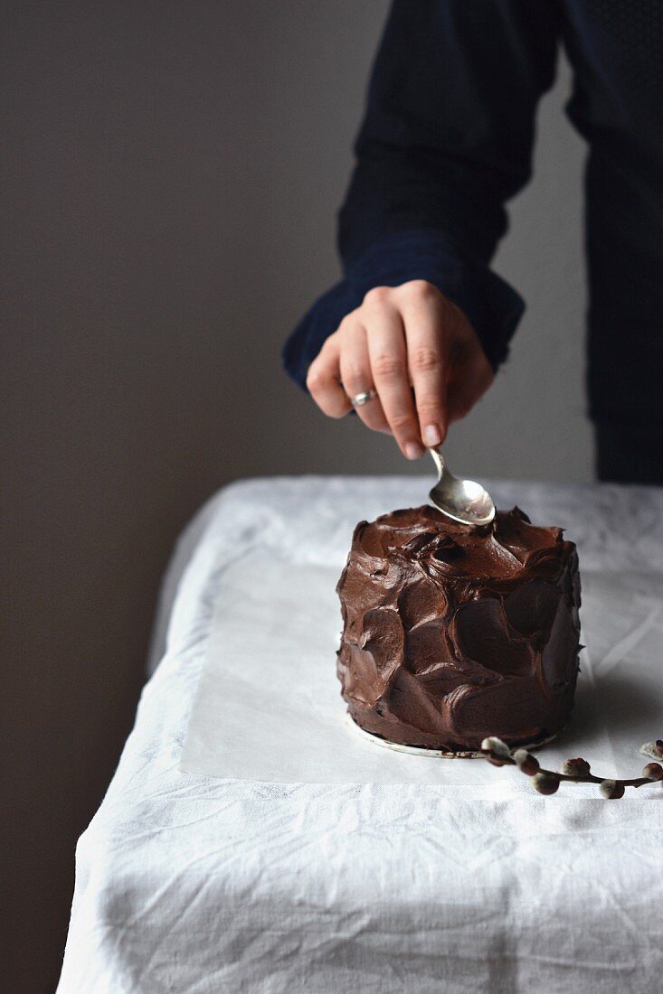 Schokoladenkuchen mit dunklem Schokoladenfrosting