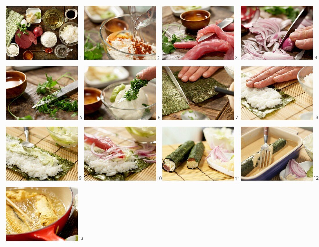 Gebackene Maki-Rolle mit Thunfisch, roten Zwiebeln und Koriander zubereiten