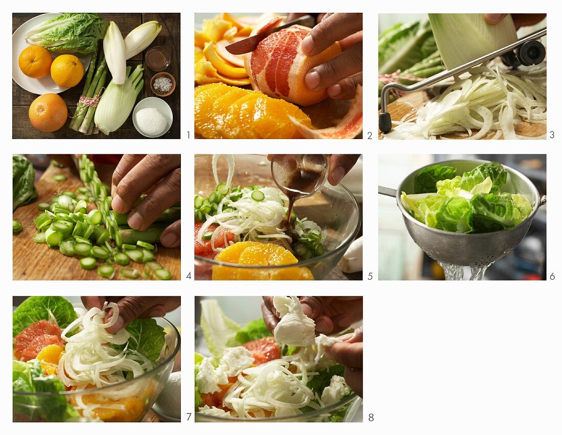 Salat mit Fenchel, Zitrusfrüchten und gebratenem grünem Spargel zubereiten