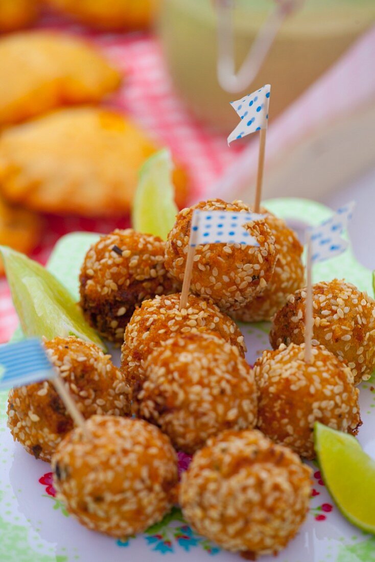 Fish balls with celery, onion and sesame for a picnic