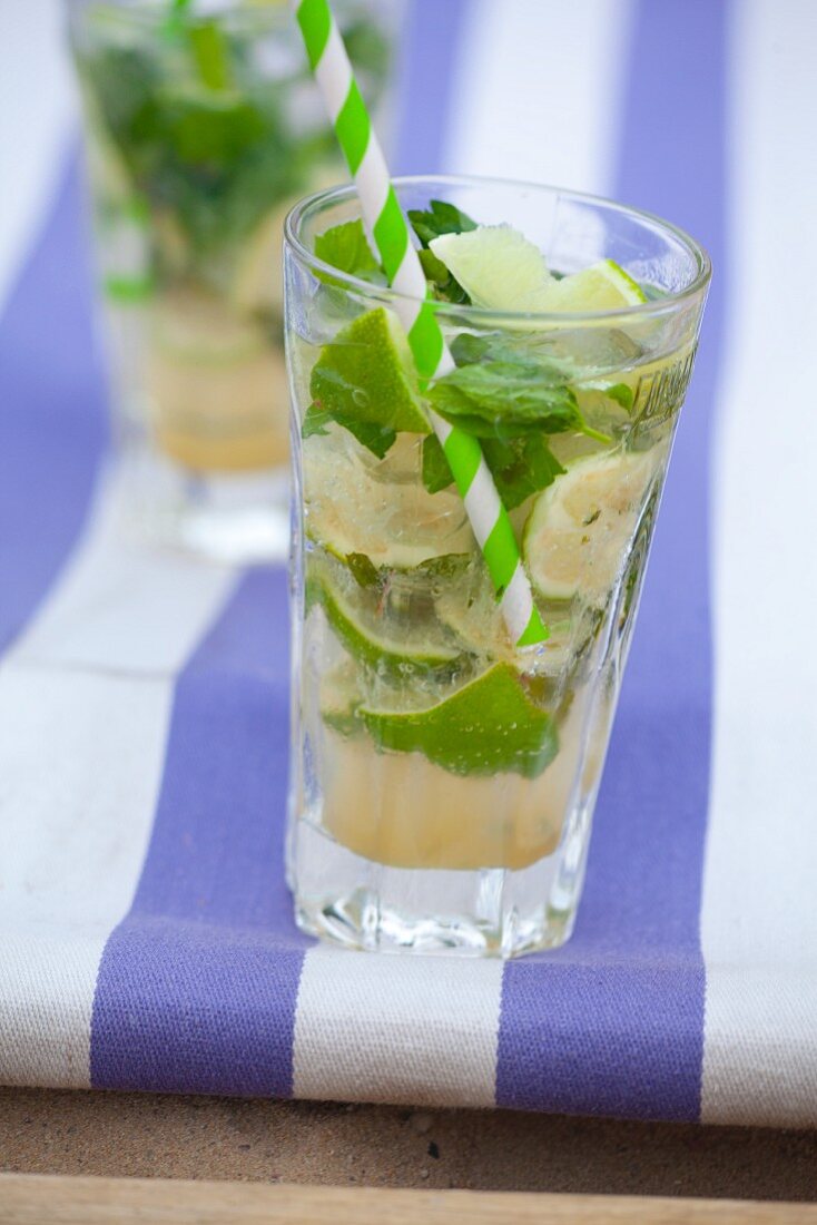 Virgin mojitos with ginger ale, lime and mint in glasses