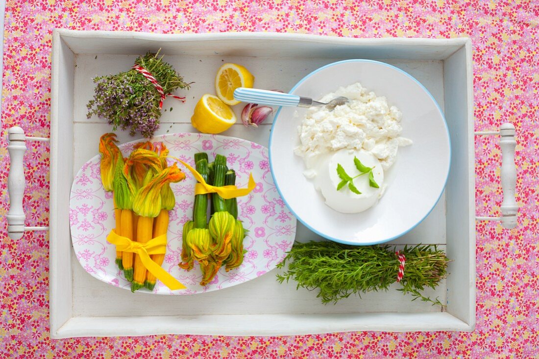 Stillleben mit Zucchiniblüten, frischen Kräutern und Ricotta auf Tablett