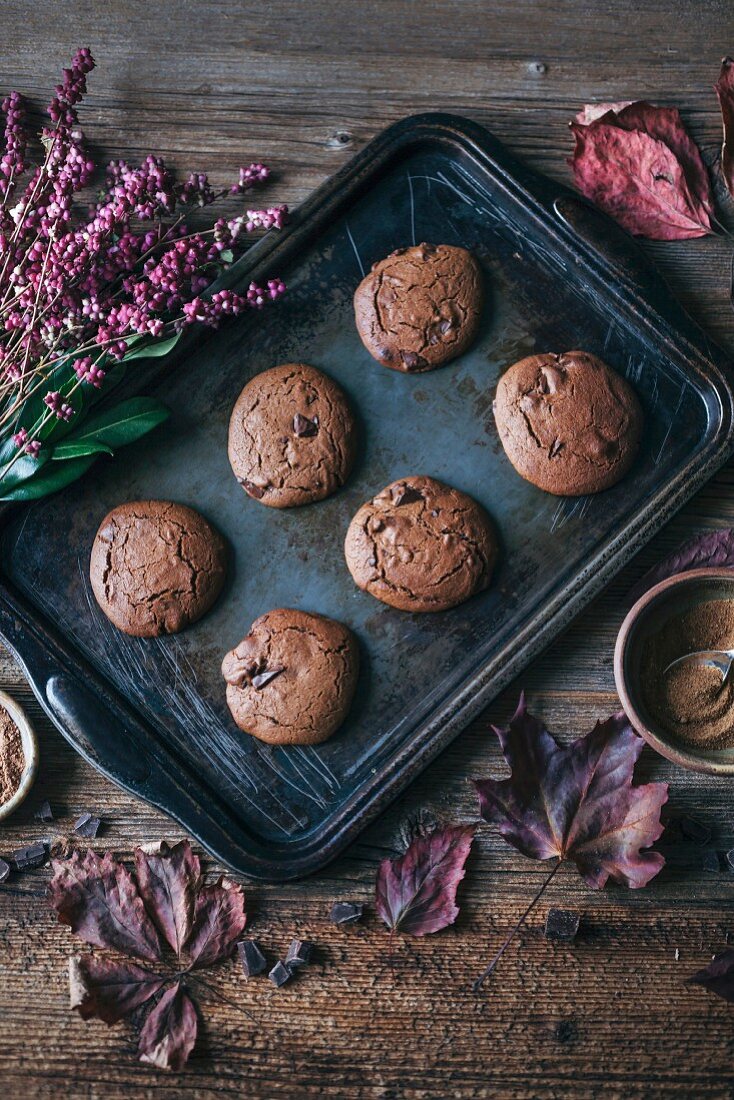 Chocolate cookies on a baking tray