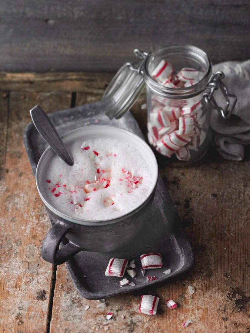 White hot chocolate with peppermint sweets