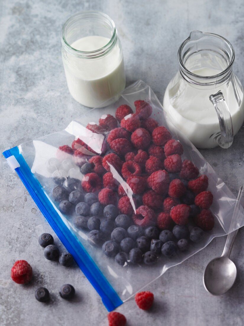 Frozen berries in a freezer bag (smoothie ingredients)