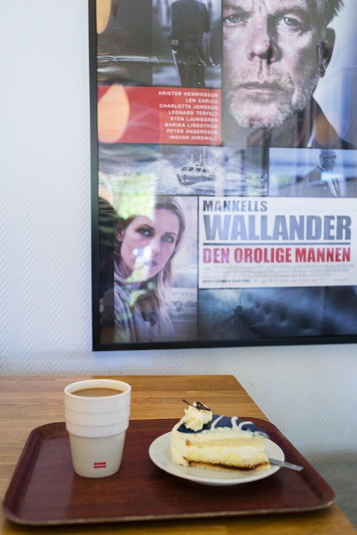 A slice of Wallander Bakelsen (buttercream cake) at Fridolfs Konditori, the favourite café of Kurt Wallander, in southern Sweden