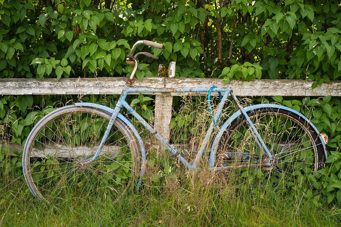 An old bicycle next to a fence in southern Sweden