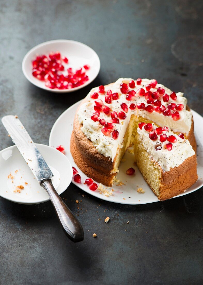 Pomegranate cake, cut into pieces