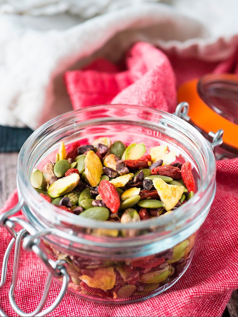 Healthy trail mix in small jar