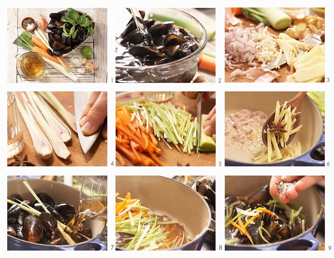 Miesmuscheln in Asia-Aromen gedünstet mit Thai-Ingwer, Sternanis und Gemüse zubereiten