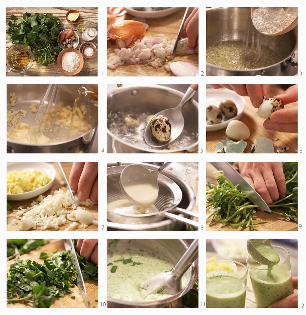 How to prepare watercress soup with quail eggs and walnut oil