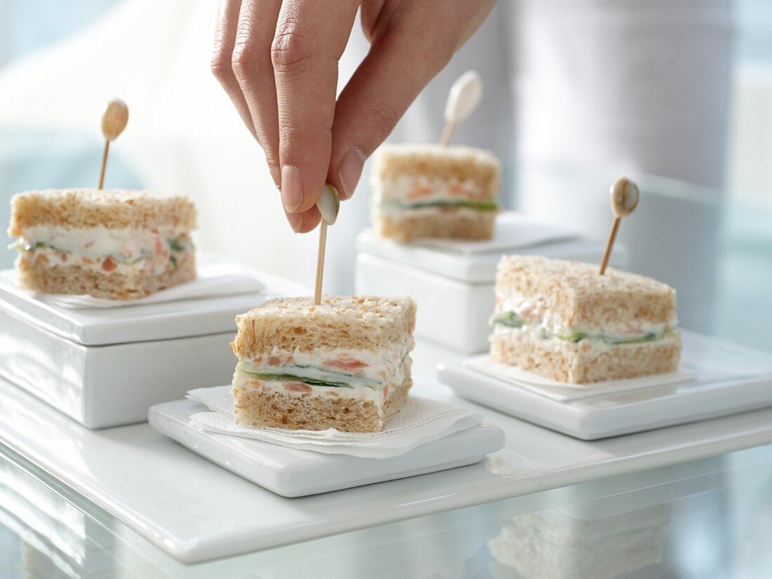 Cucumber sandwiches with salmon pate