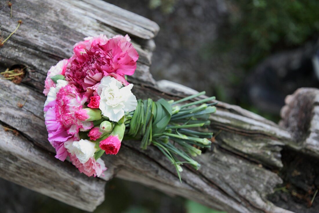 Bouquet of carnations tied with grasses on weathered wood
