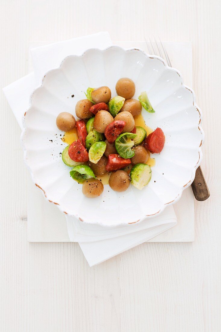 Chestnut gnocchi with brussels sprouts and chorizo