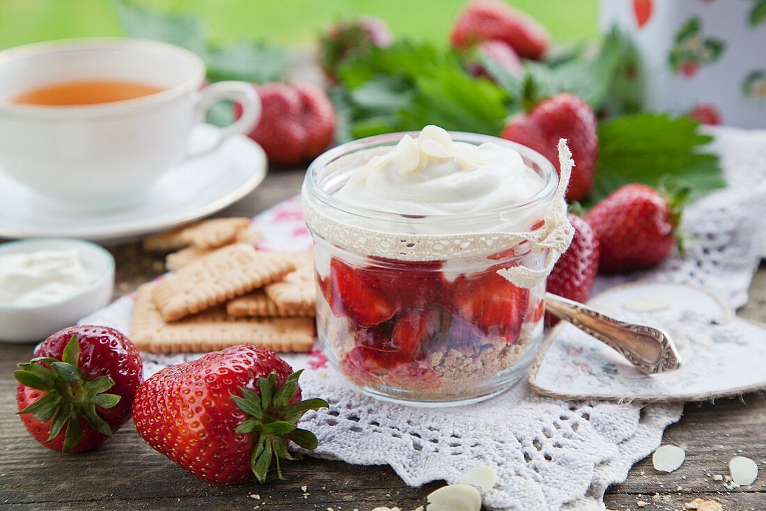 Muesli with strawberries in a glass