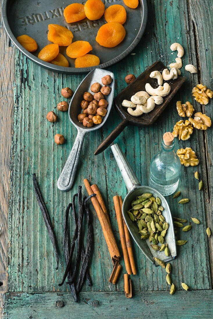 Nuts, dried fruits and spices for baking