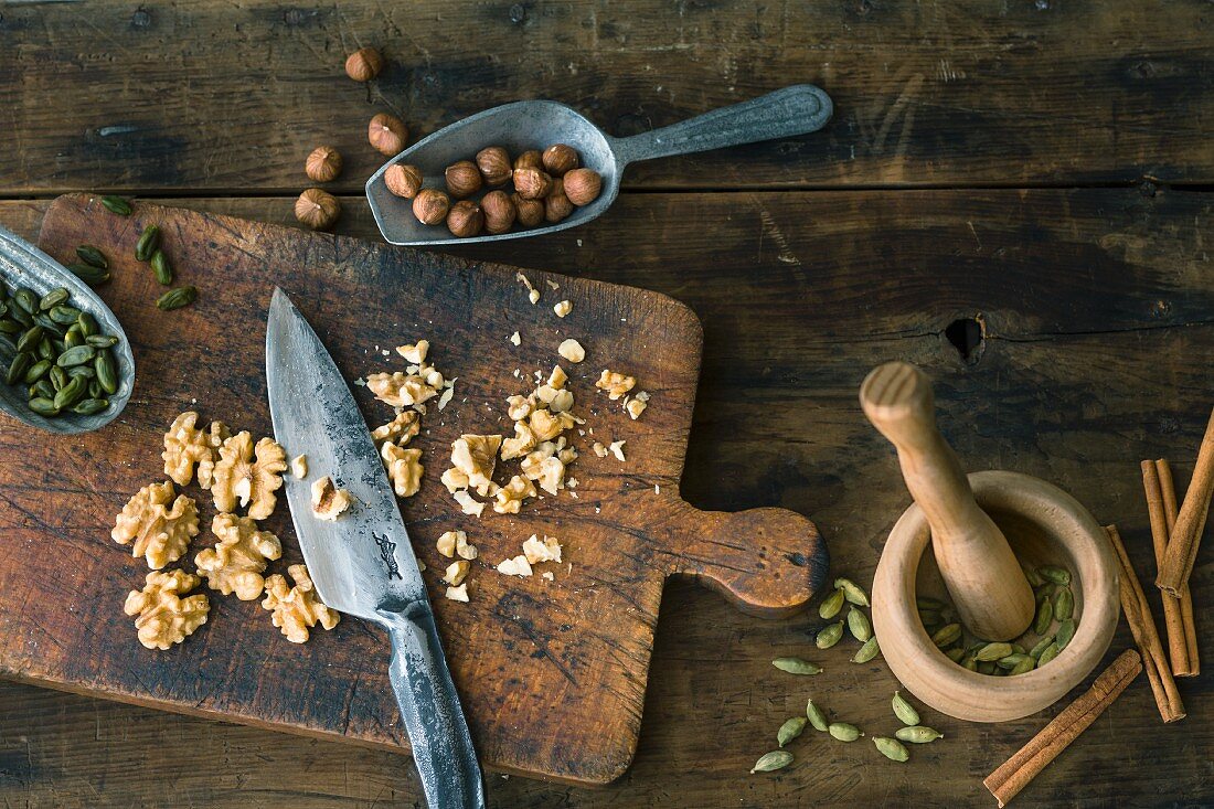 Ingredients for cakes with nuts