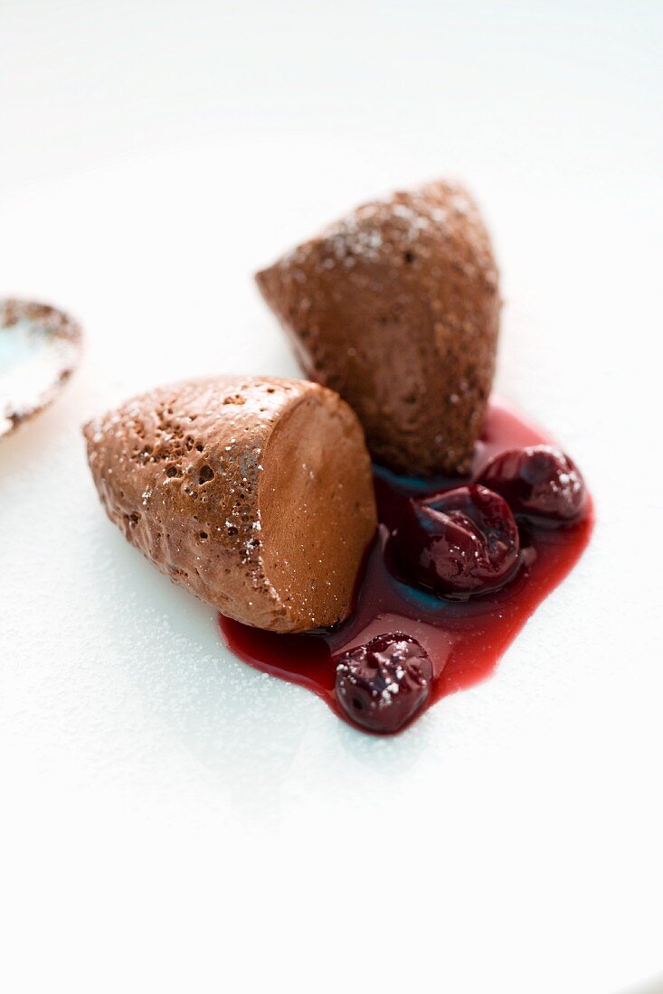 Dark chocolate and chilli mousse with cherry compote