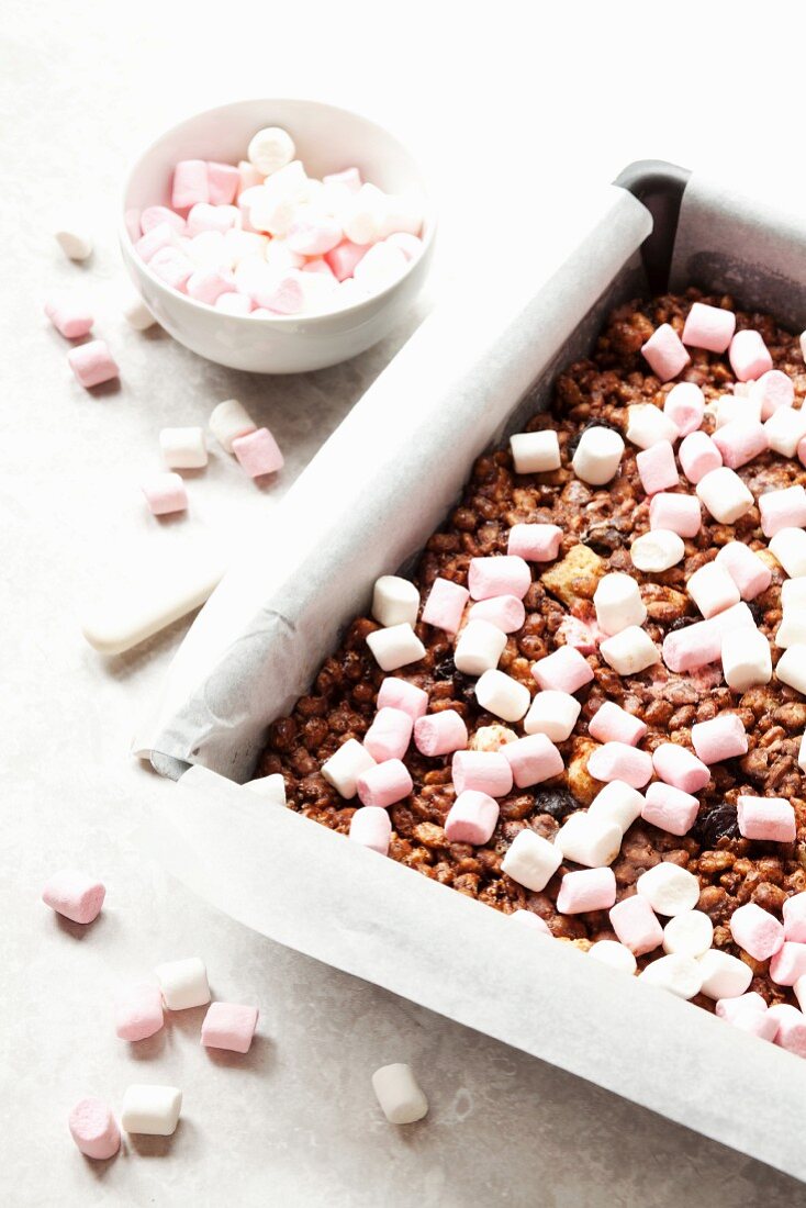 Rocky road slices with rice crispies and dried cherries