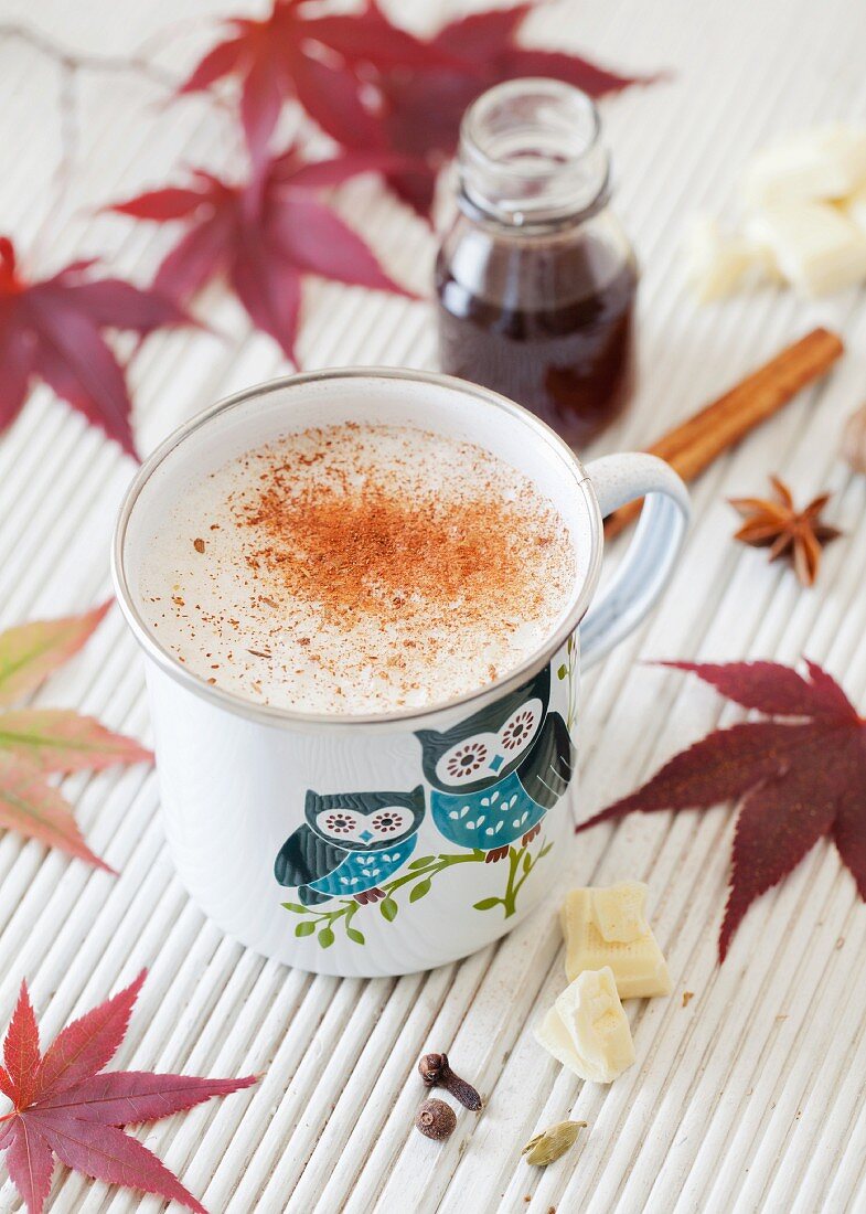 A cup of hot white chocolate flavoured with chai spices and masala
