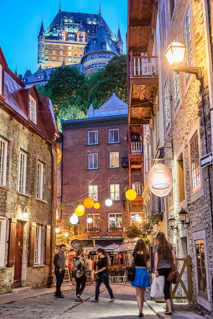 A side street with view of Château Frontenac in Quebec, Canada