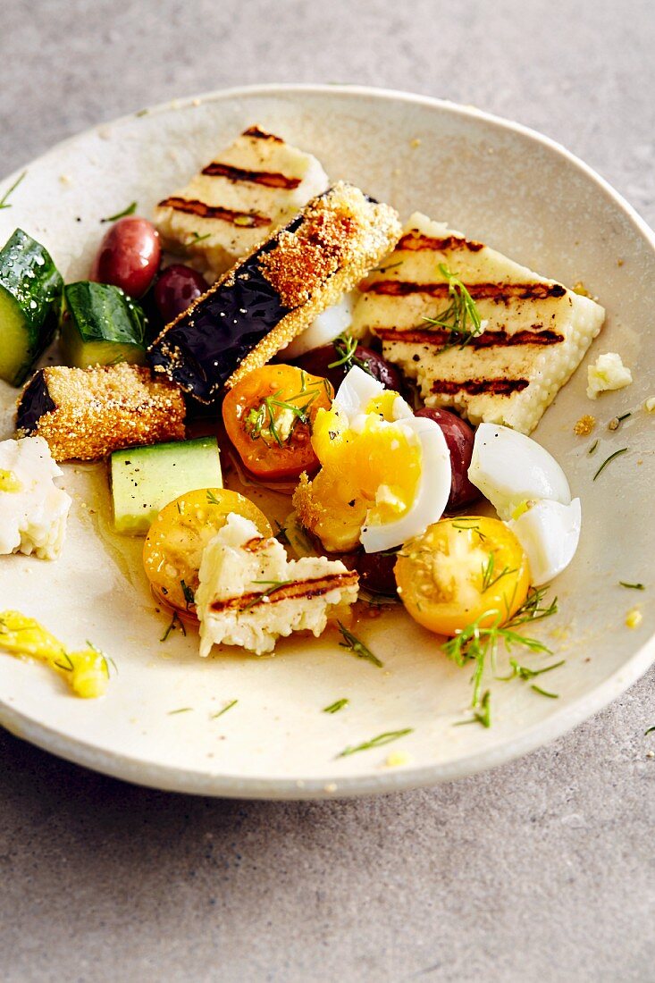 Greek salad with egg and grilled halloumi (soul food)