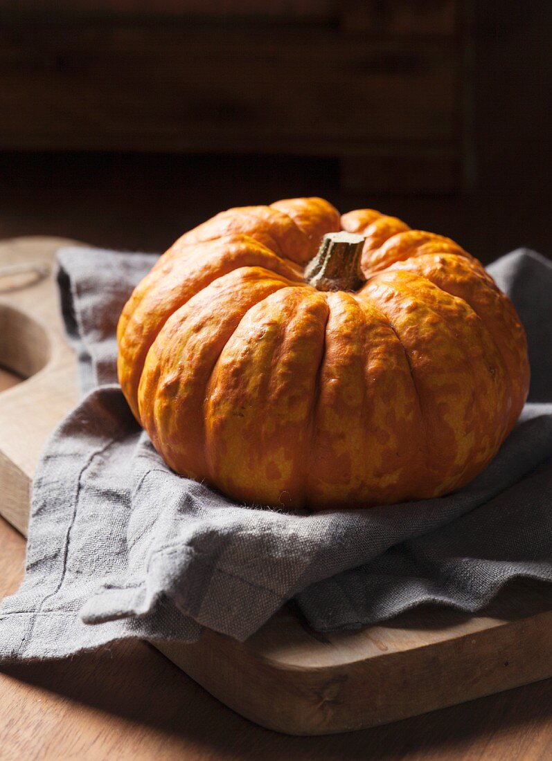 A munchkin pumpkin on a rustic wooden background with a grey linen napkin