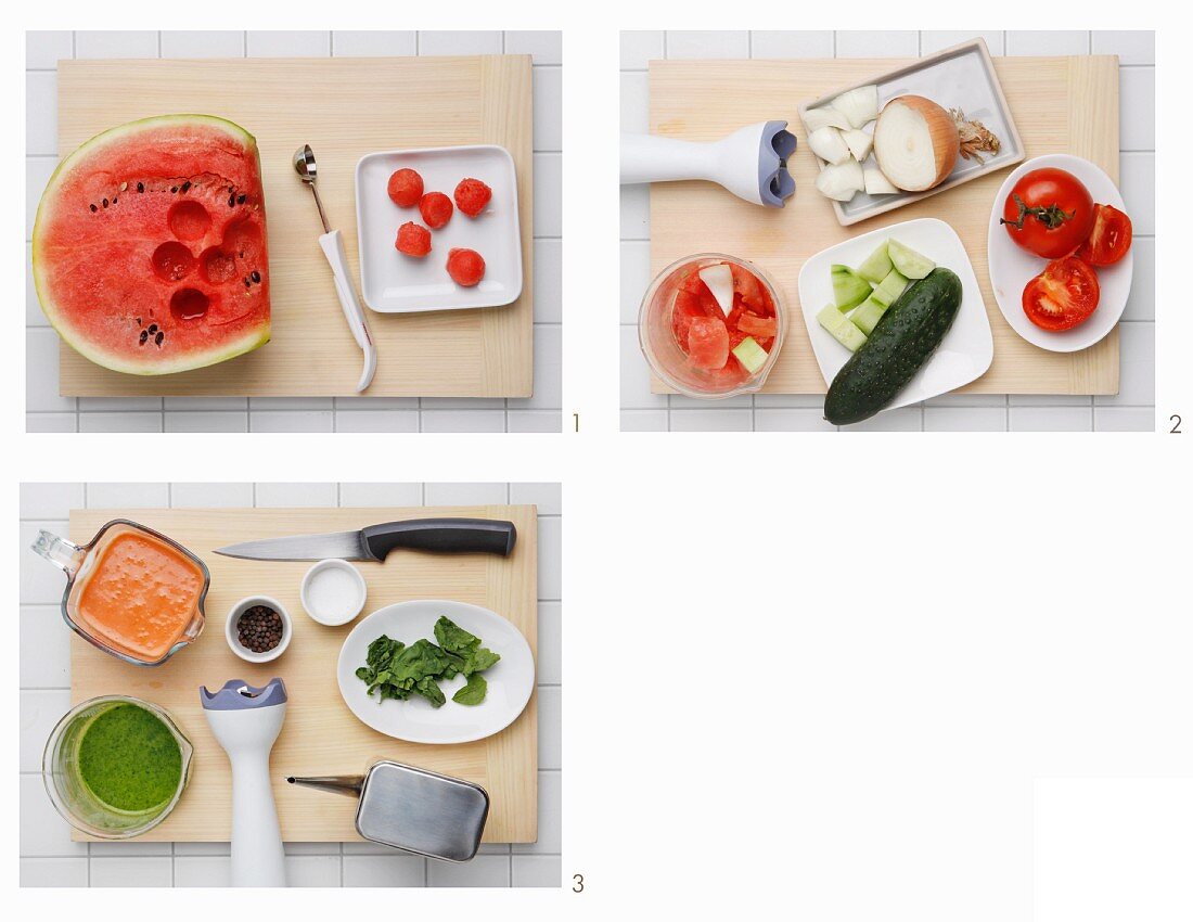 Wassermelonen-Gazpacho mit Basilikumpesto zubereiten