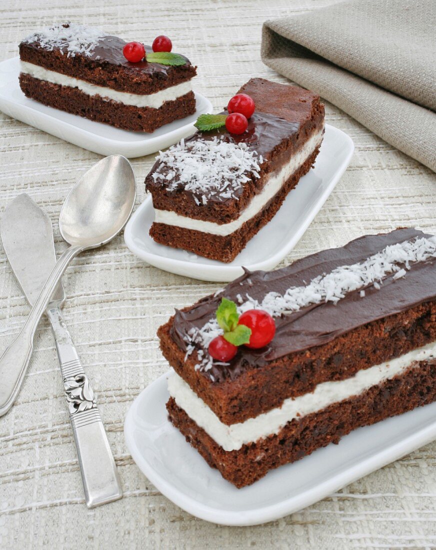 Chocolate slices with fresh cheese and coconut