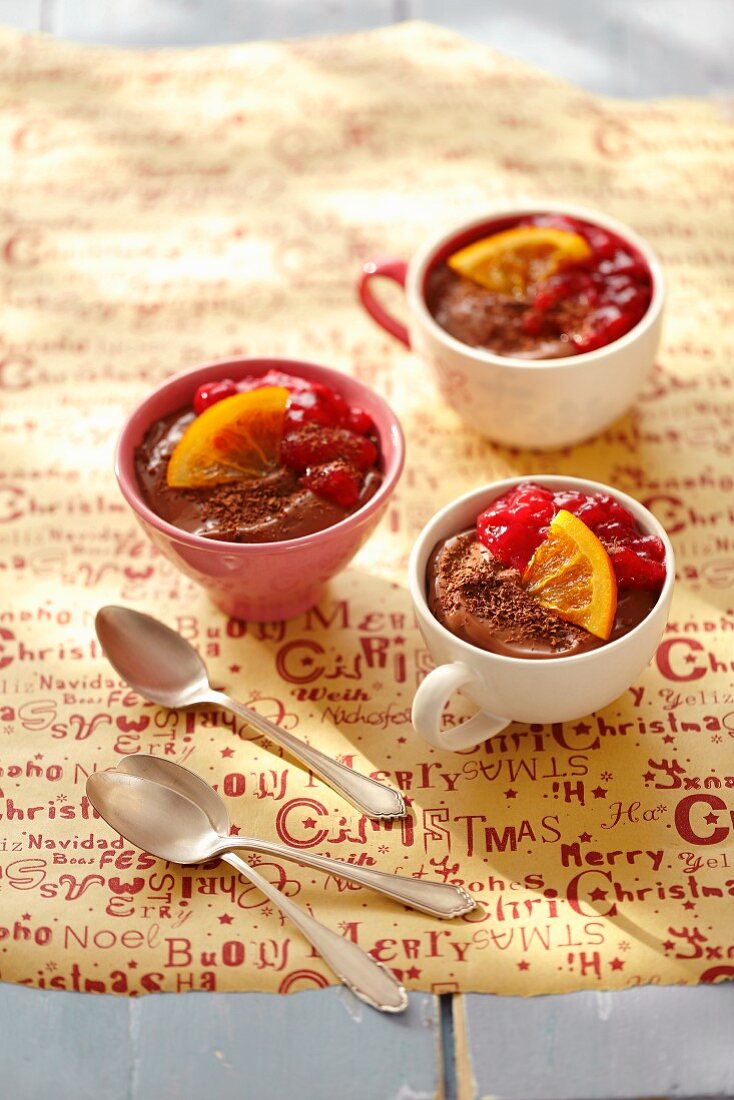 Chocolate mousse with cranberry jam and orange
