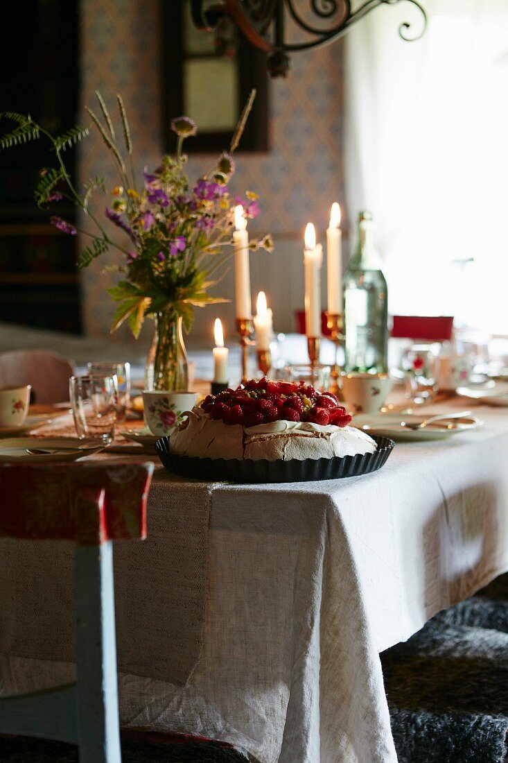 Pavlova on a festively set table