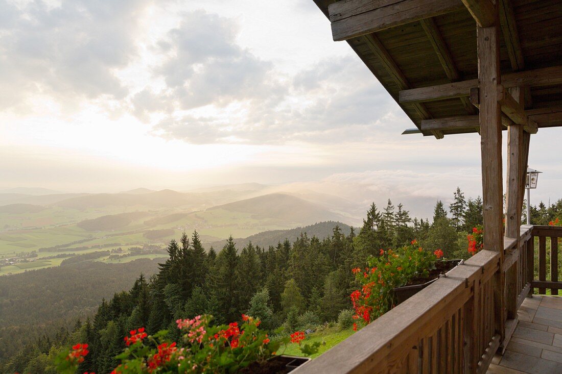 The mountain guesthouse on the Hohenbogen mountain range in Neukirchen beim Heiligen Blut in the Bavarian Forest, Germany