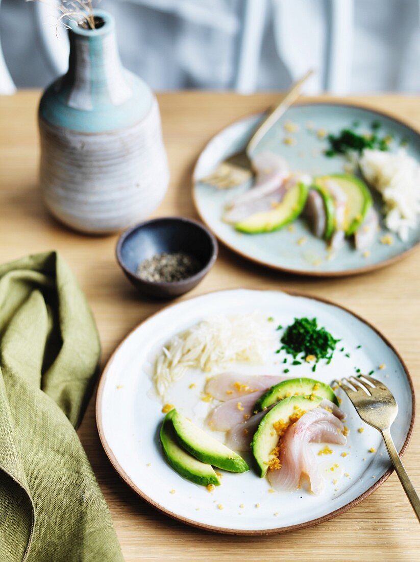 Shima aji with pomelo and avocado