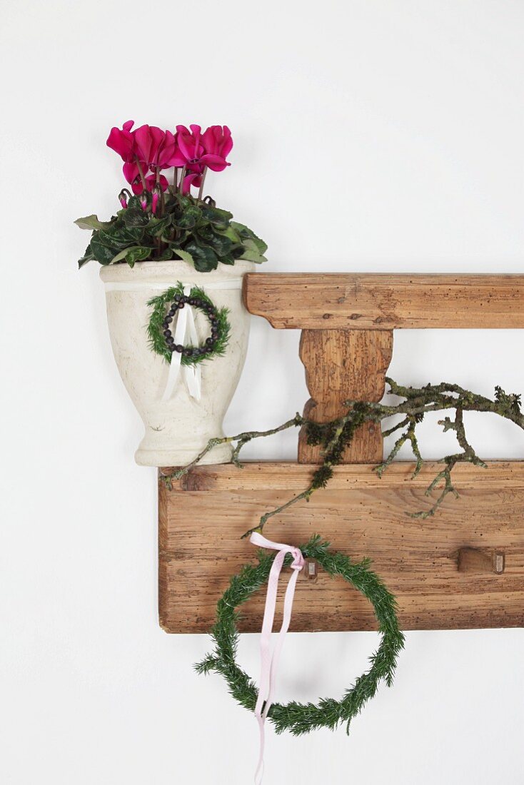 Cyclamen in stone vase and wreath of juniper twigs