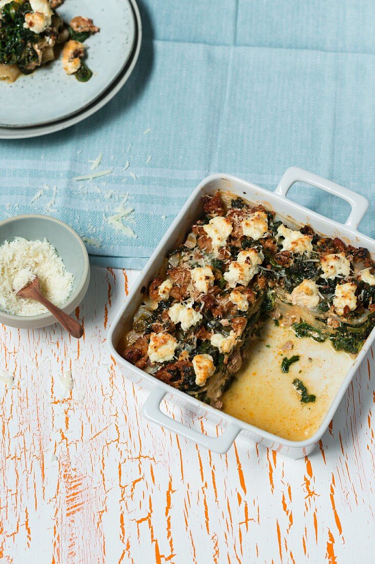 Lasagne with Shirataki noodles, salsiccia and spinach (low carb)