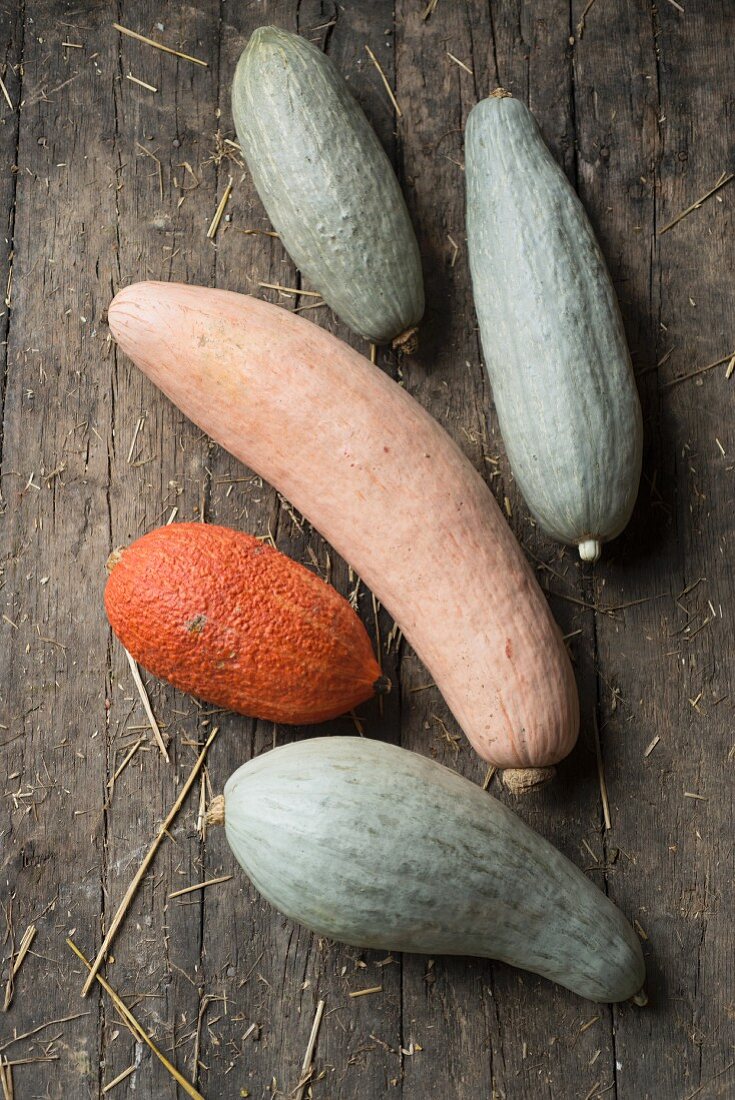 Several banana squash on a rustic wooden background