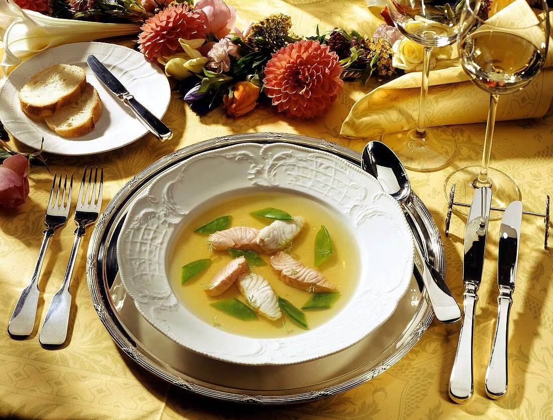 Fish Soup with Snow Peas and Fish Fillets
