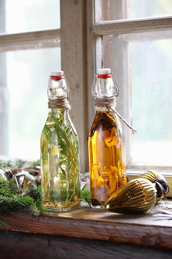 Tarragon vinegar and porcini mushroom oil as Christmas presents